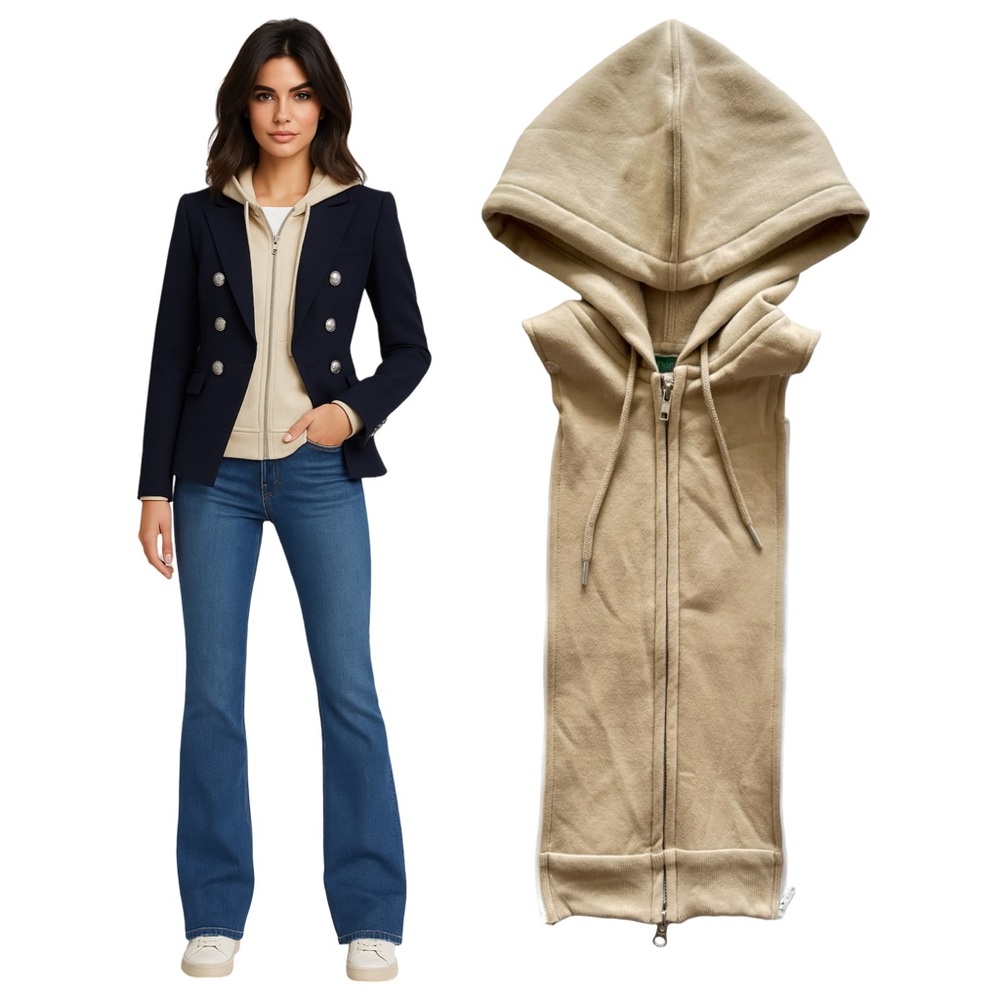 Beige Hooded Zip-Up Sleeveless Hoodie Vest - Women